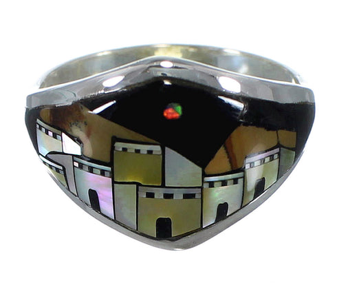 Multicolor Inlay Silver Native American Village Design Ring Size 7-1/2 AX52573